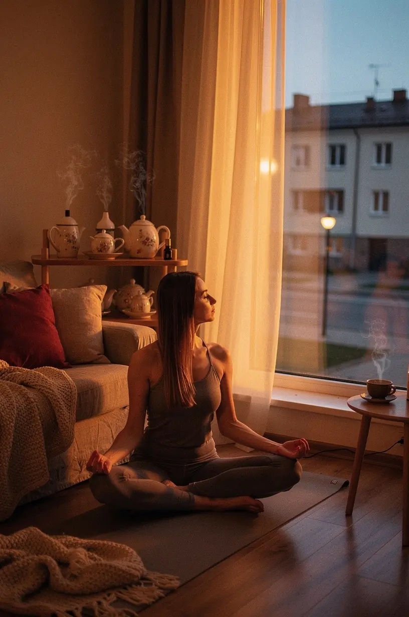 Rytinė arbatos puodelio ritualo scena su natūraliomis šviesos spinduliais ir ramybės atmosfera.