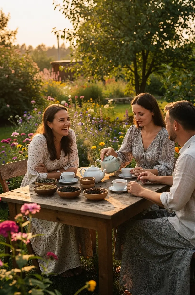 Žmonės dalijasi arbatos gėrimo patirtimi vakaro metu, skatinantys atsipalaidavimą be medikamentų.