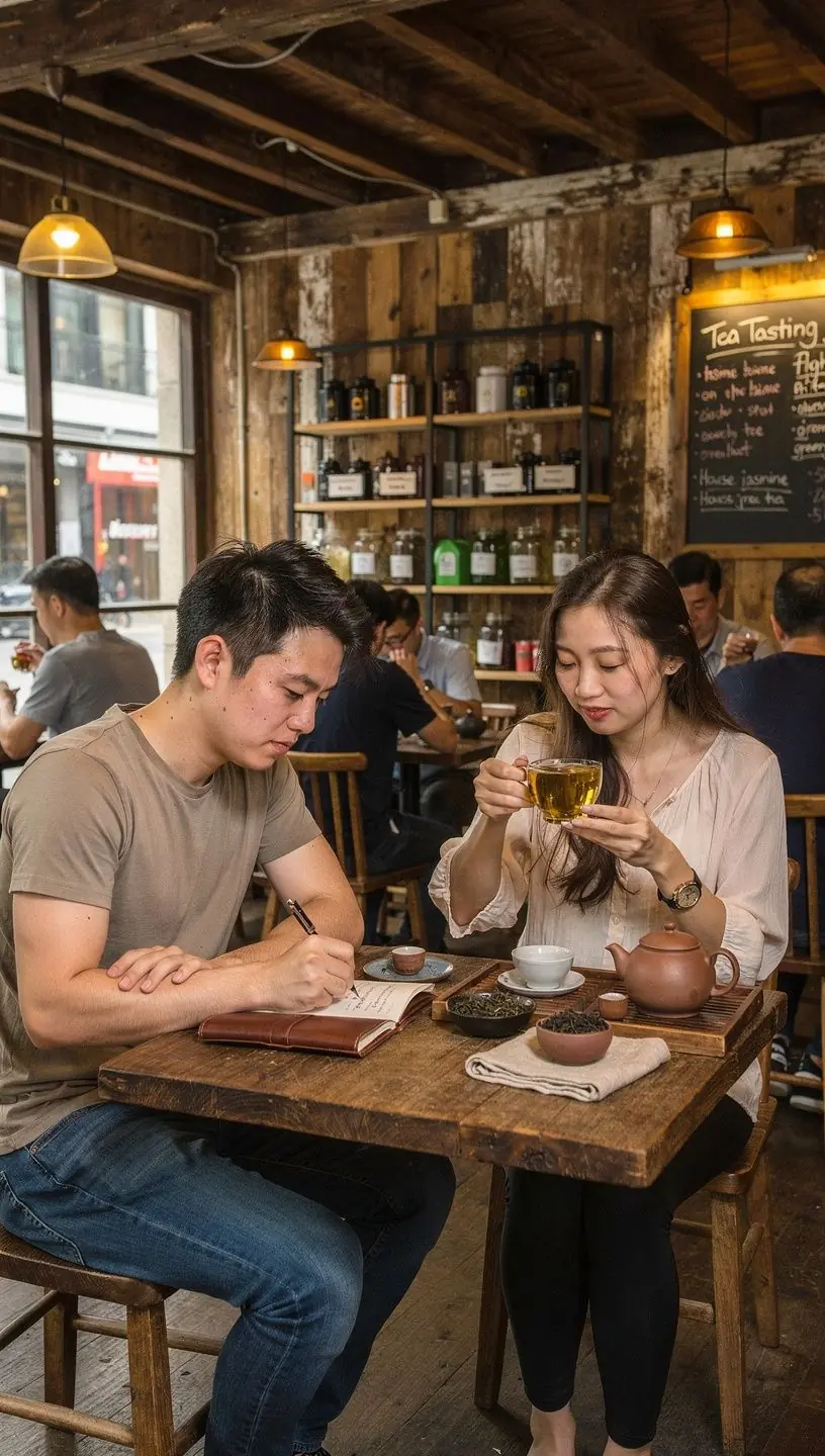 Detalus arbatžolių ir arbatos paruošimo įrankių išdėstymas, skatinantis sveiką gyvenimo būdą ir gerovę.